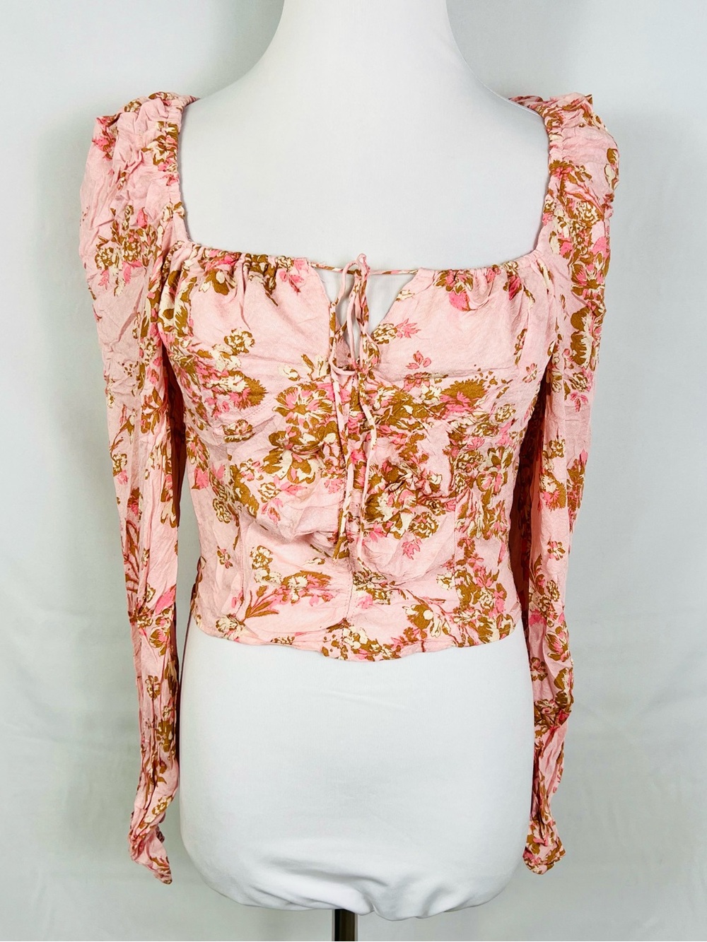 Free People Pink Floral Square-Neck Long Sleeve Crop Top